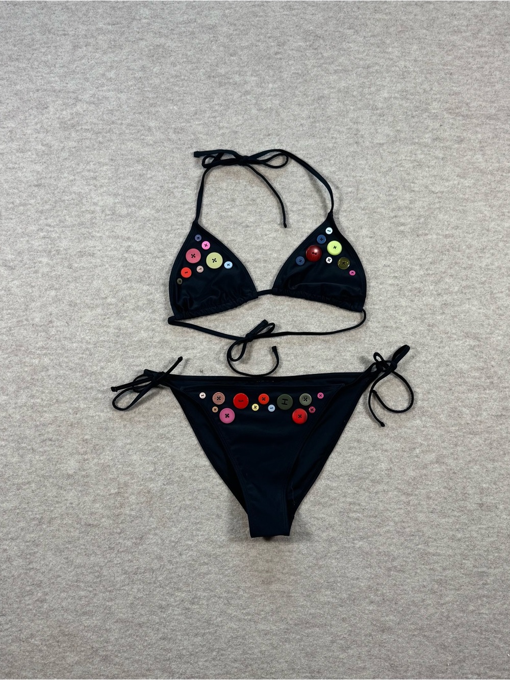 Black Button-Embellished Triangle Bikini